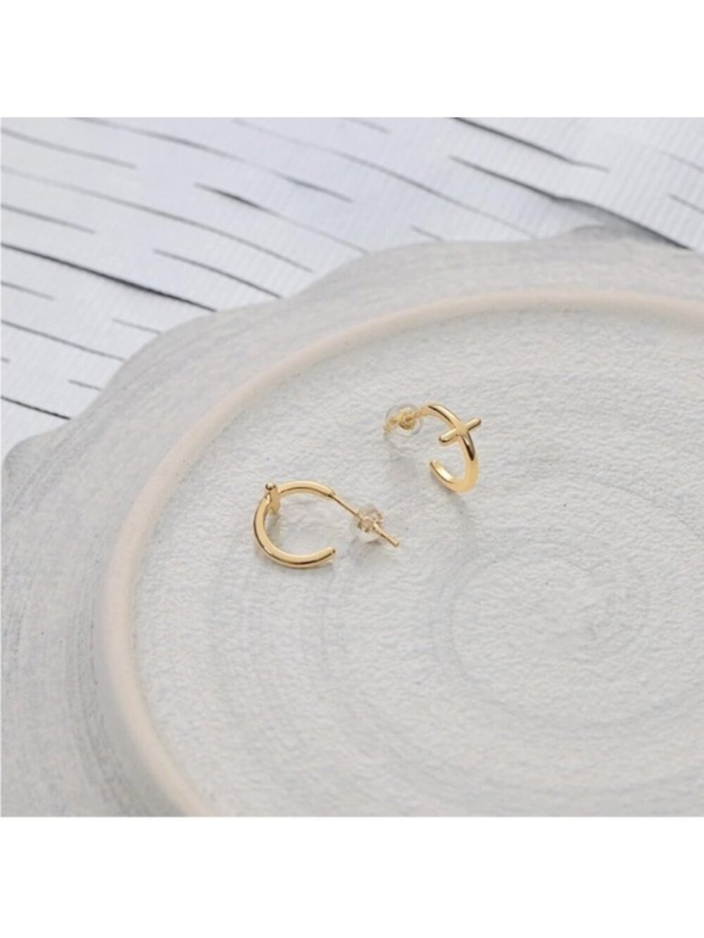 GOLD 14k Gold Plated Cross Huggie Hoop Earrings - Picture 2 of 2